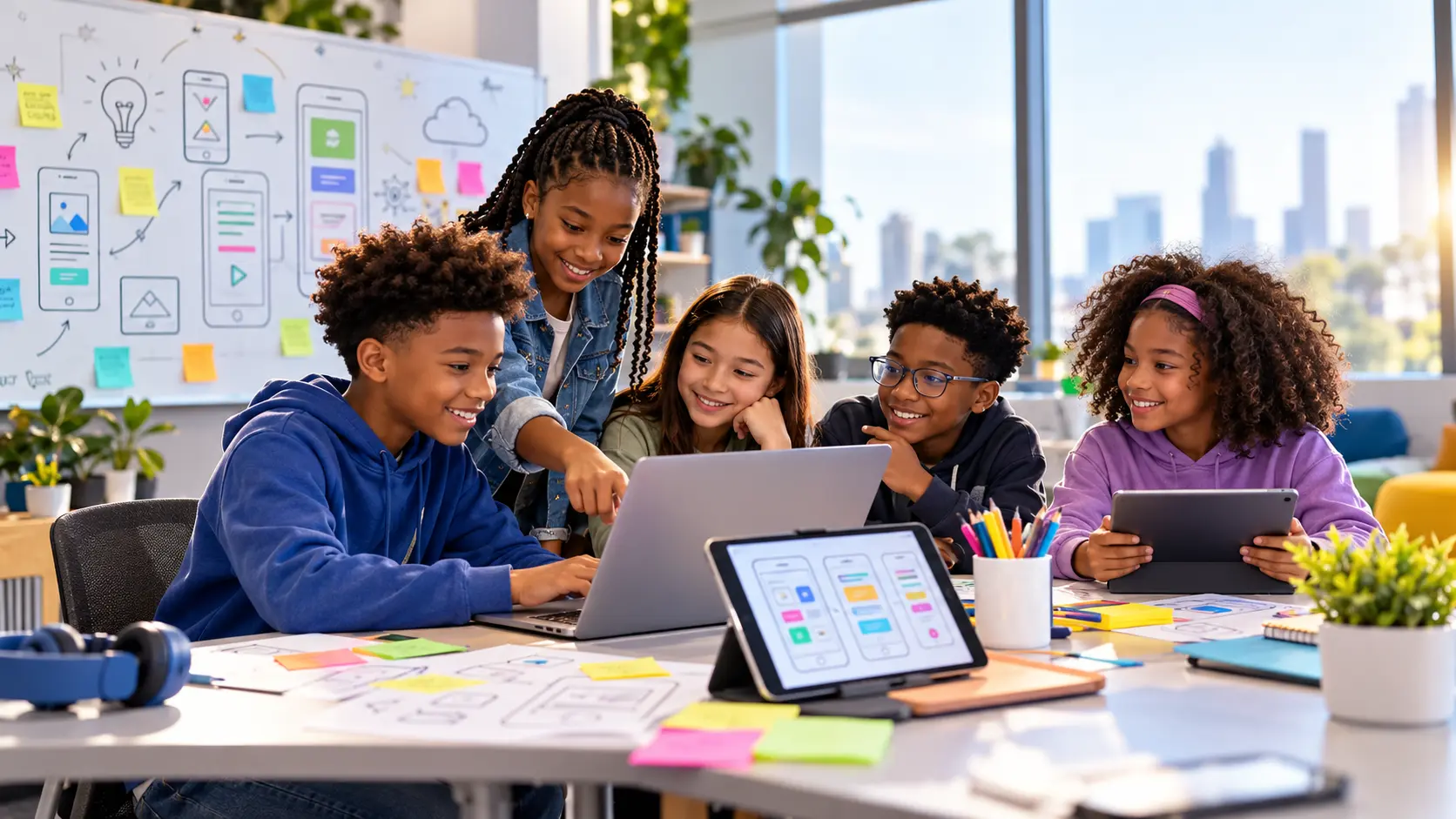 Diverse group of kids ages 8 to 14 building apps with AI on laptops